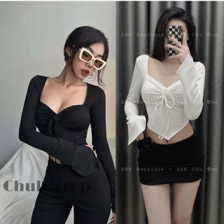 Áo croptop tay dài mặc 2 kiểu áo kiểu nữ áo cổ yếm tay dài áo cổ yếm trễ vai tay dài trắng đen dễ phối đồ
