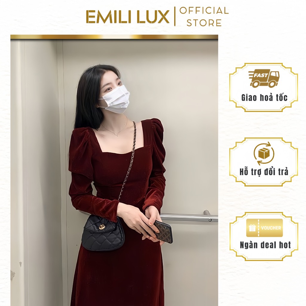Đầm váy dáng dài Emili chất nhung thiết kế cổ vuông tay bồng dài tay điệu đà sang chảnh [V136]
