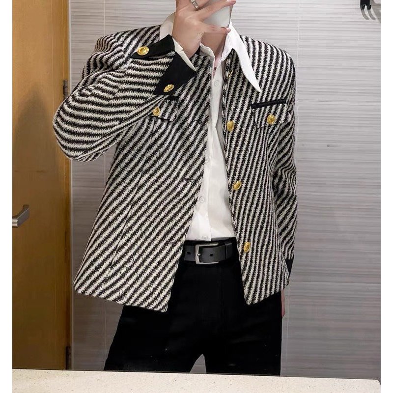 Áo khoác dạ nam tay dài kẻ sọc độn cầu vai thu đông