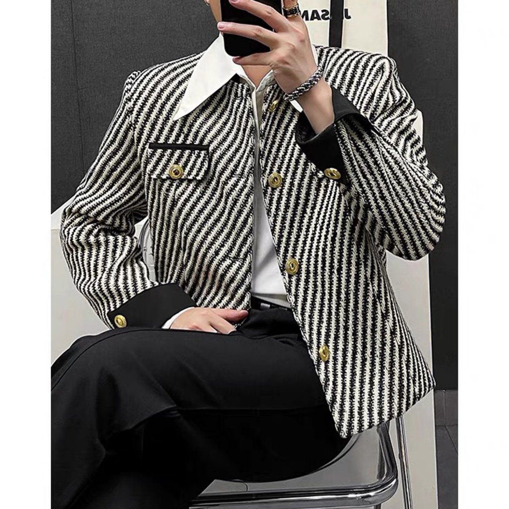 Áo khoác dạ nam tay dài kẻ sọc độn cầu vai thu đông