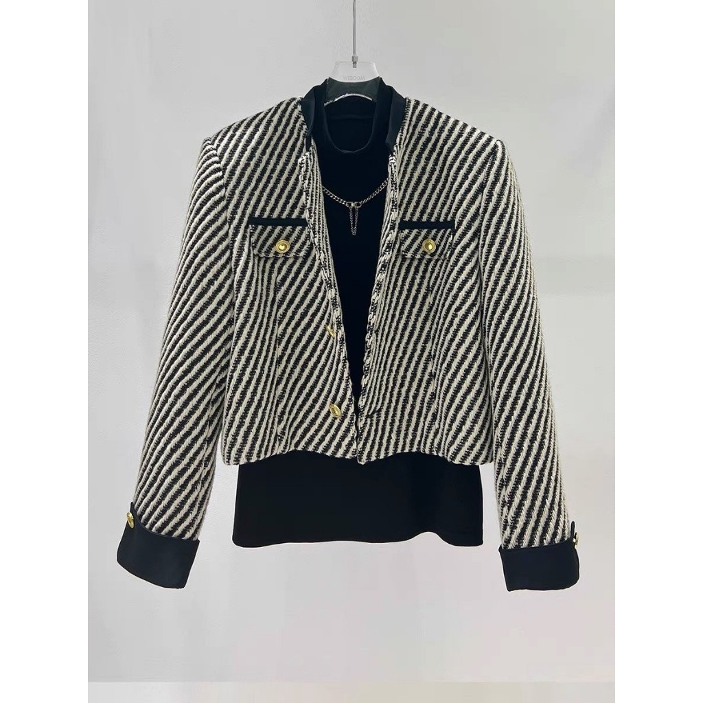 Áo khoác dạ nam tay dài kẻ sọc độn cầu vai thu đông