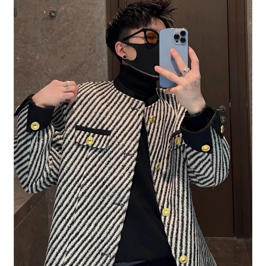 Áo khoác dạ nam tay dài kẻ sọc độn cầu vai thu đông