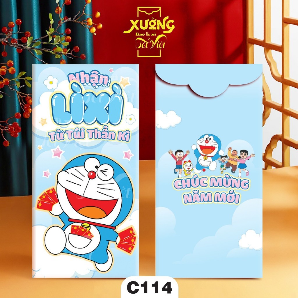Combo 100 Lì Xì Tết, Bao Lì Xì Hoạt Hình ChiBI Gấu Dâu, Doraemon Tết 2024 PUKAPI