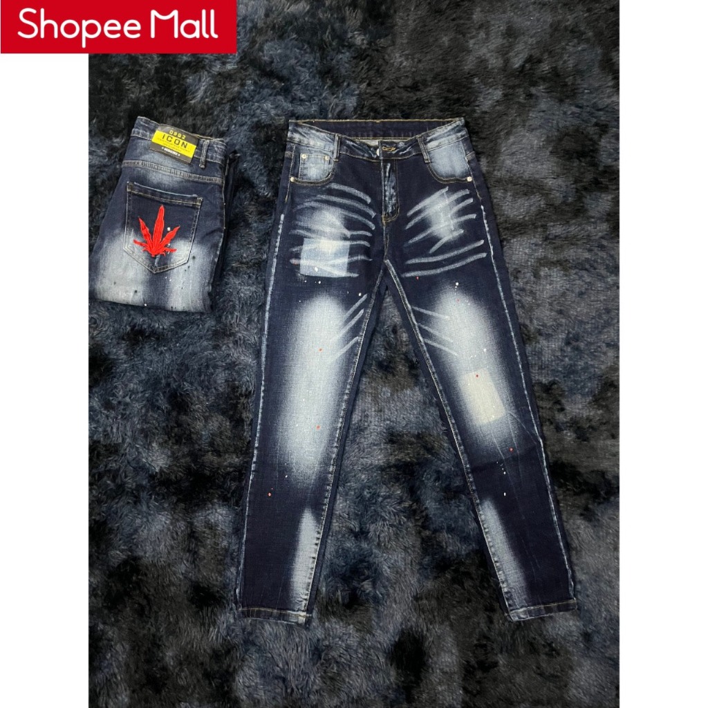 Quần Jeans Biker DSQ Phối Logo Lá Phong Đỏ Loang Màu Hàng Đẹp - Quần Jeans Bò Nam Dày Dặn Hot 2023