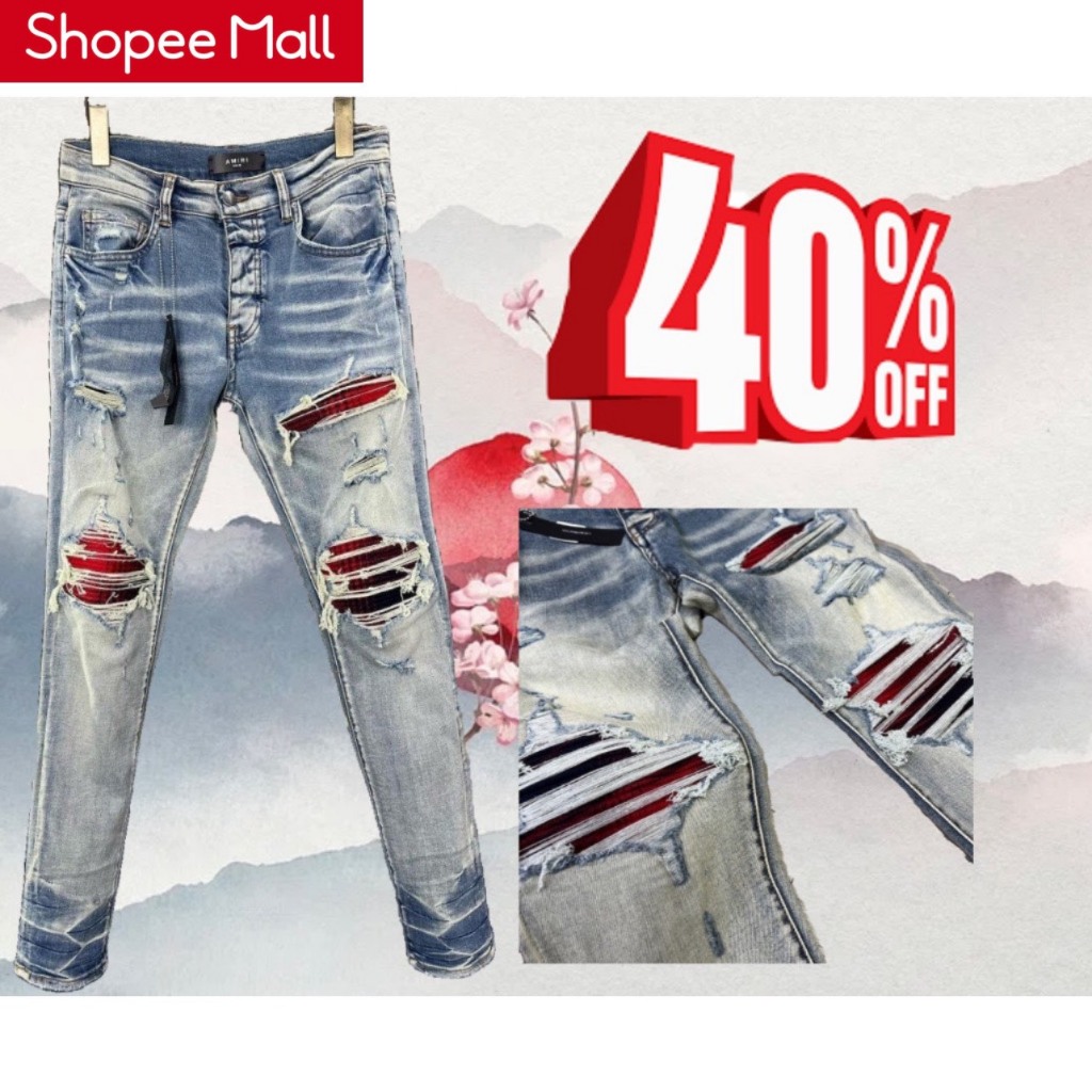 Quần Bò 4 Khuy Xanh Khói Gối Vá Phối Ống Loang Quần Jean bò nam slimfit wash xanh khói rách xước Hót 2023
