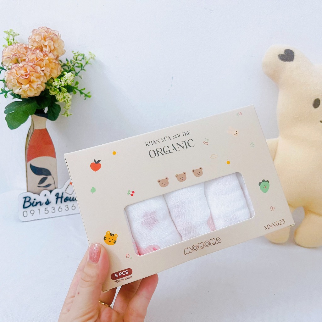 Khăn Sữa Sợi Tre Monona - Set 5 Khăn Sữa Xô 4 Lớp Organic Siêu Mềm, Mịn Rửa Mặt, Tắm Cho Bé Sơ Sinh -Bin's House