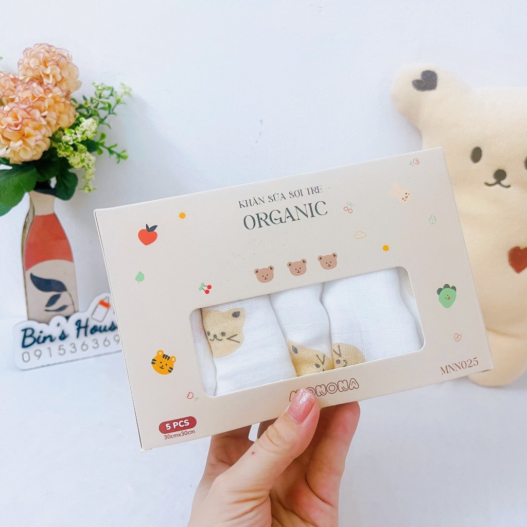 Khăn Sữa Sợi Tre Monona - Set 5 Khăn Sữa Xô 4 Lớp Organic Siêu Mềm, Mịn Rửa Mặt, Tắm Cho Bé Sơ Sinh -Bin's House