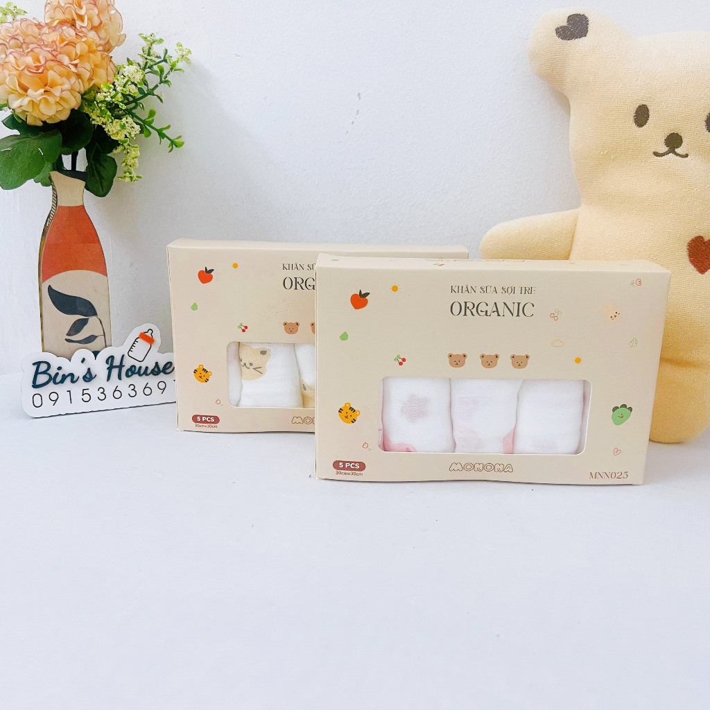 Khăn Sữa Sợi Tre Monona - Set 5 Khăn Sữa Xô 4 Lớp Organic Siêu Mềm, Mịn Rửa Mặt, Tắm Cho Bé Sơ Sinh -Bin's House
