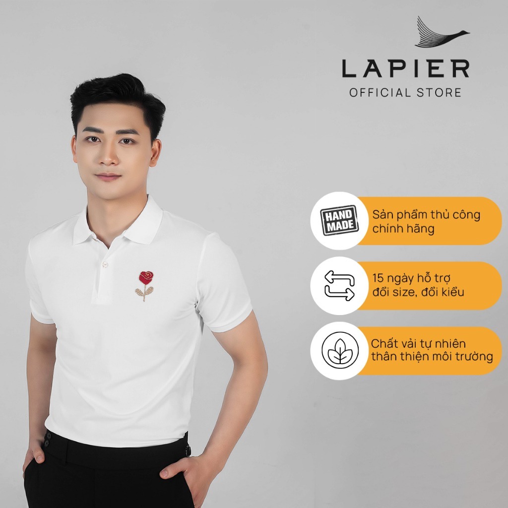 Polo thêu thủ công Hoa Hồng Ngực Áo, áo trắng, chất liệu Cotton cao cấp, sang trọng