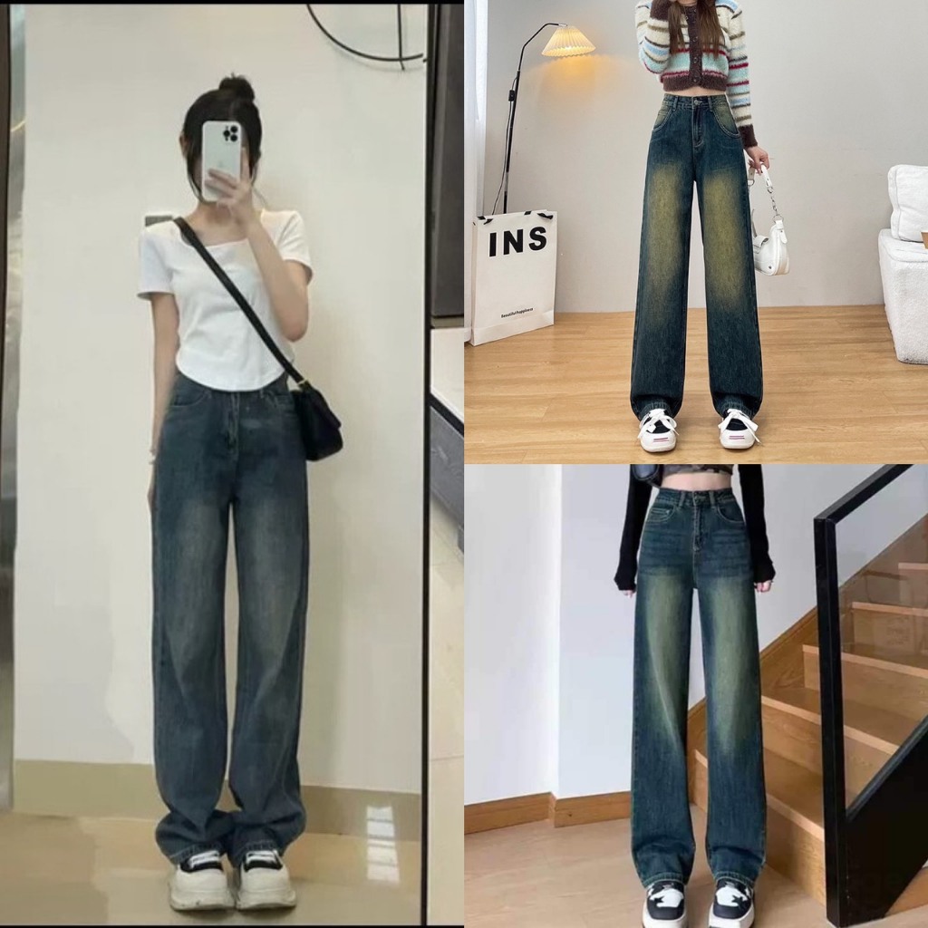 Quần bò jeans nữ ống suông cạp cao siêu hack chân siêu tôn dáng