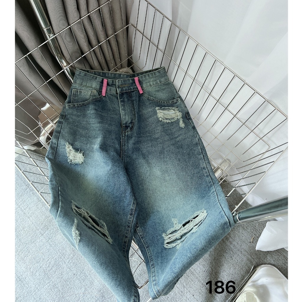 Quần jean baggy nữ Bigsize từ 55kg-85kg rách kiểu phối túi hồng, quần bò ống đứng màu bụi thời trang KiKaJeans MS186