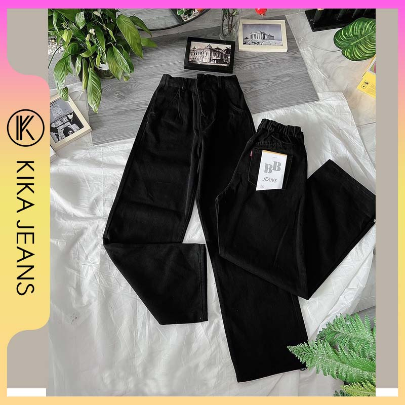 Quần jean nữ Bigsize từ 55kg-85kg ống rộng lưng thun, quần suông cạp cao bo thun hách dáng Ms71 Kikajeans