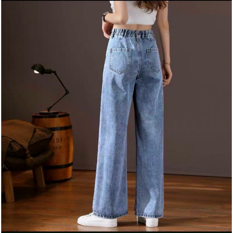 Quần jean nữ Bigsize từ 55kg-85kg ống rộng lưng thun, quần suông cạp cao bo thun hách dáng Ms71 Kikajeans