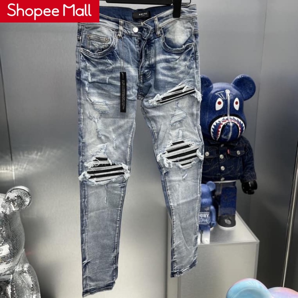 Quần AMIRI 4 Cúc Xanh Gối Vá Da Nhăn Quần Skinny Jean Amiri Nam Rách Gối Da Đen Trắng Đỏ Vá Họa Tiết Hot