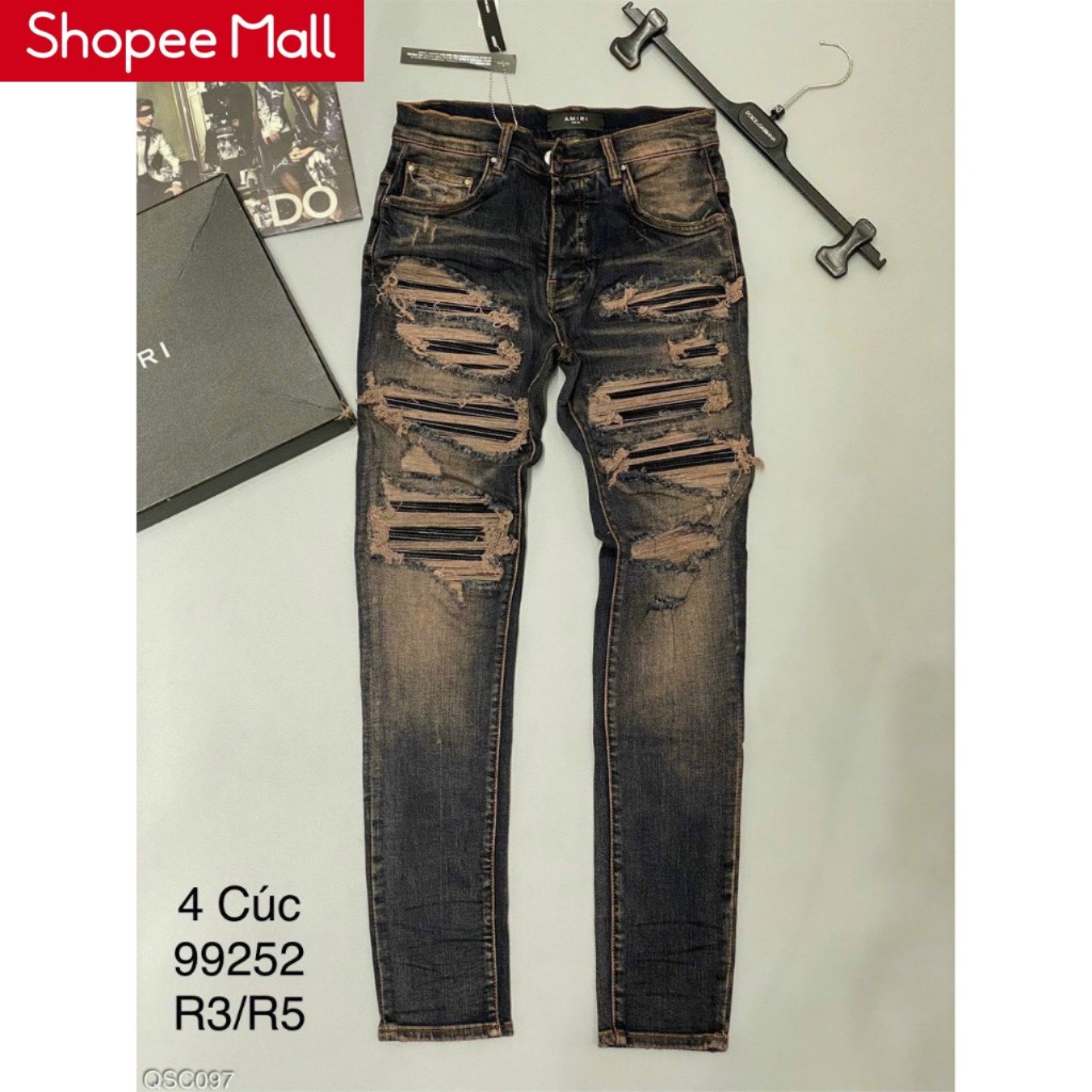 Quần JEAN Nam AMIRI Slimfit Nâu Đất rách tua lót da Quần bò Amiri vá nhiều da đen bản đẳng cấp