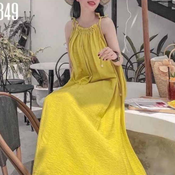 Đầm Nữ Cổ yếm cài cúc ngọc giọt lệ , Váy đũi thái xốp nhắn mặc dự tiệt tiểu thư xinh maxi đi biển du lịch kiểu suông S0