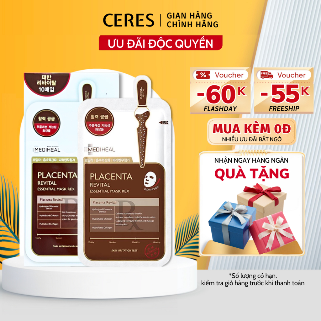 Combo 10 Mặt Nạ Giấy Mediheal Mask Placenta Rex Dưỡng Ẩm Giảm Mụn Trắng Da Hàn Quốc 24ml