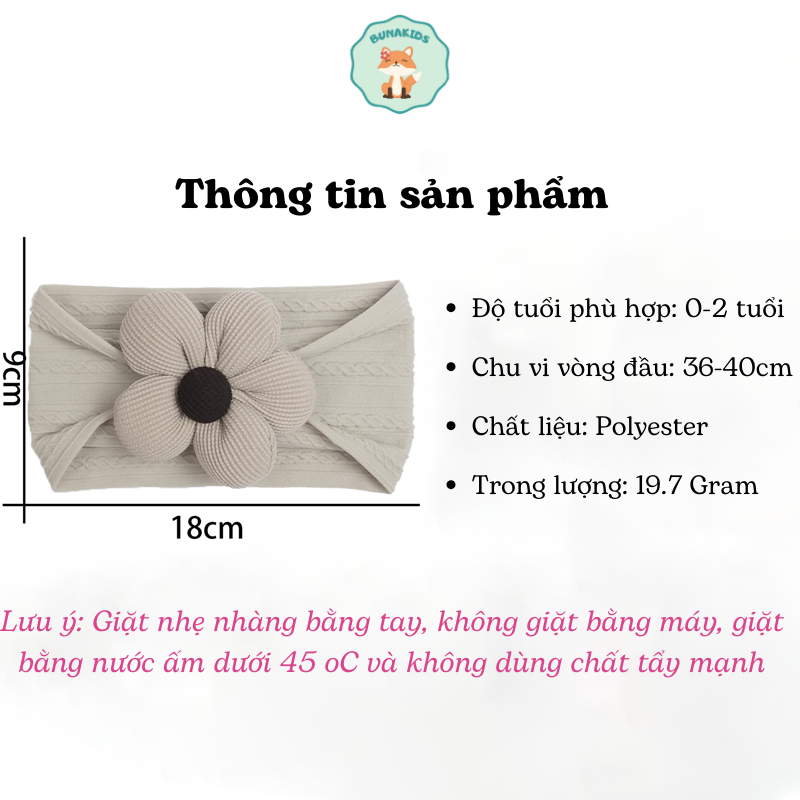 Băng đô bé gái 0-2 tuổi, băng che thóp hình hoa 3D Turban cho bé phong cách Hàn Quốc siêu đáng yêu cho bé Bunakids PK63