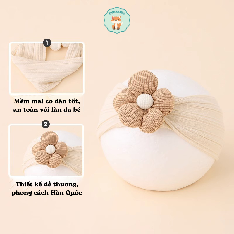 Băng đô bé gái 0-2 tuổi, băng che thóp hình hoa 3D Turban cho bé phong cách Hàn Quốc siêu đáng yêu cho bé Bunakids PK63