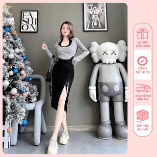 Set Đầm Body Xẻ Tà Rút Dây Kèm Áo Vạt Bầu Croptop - Chất thun bozip, Freesize 40-55kg