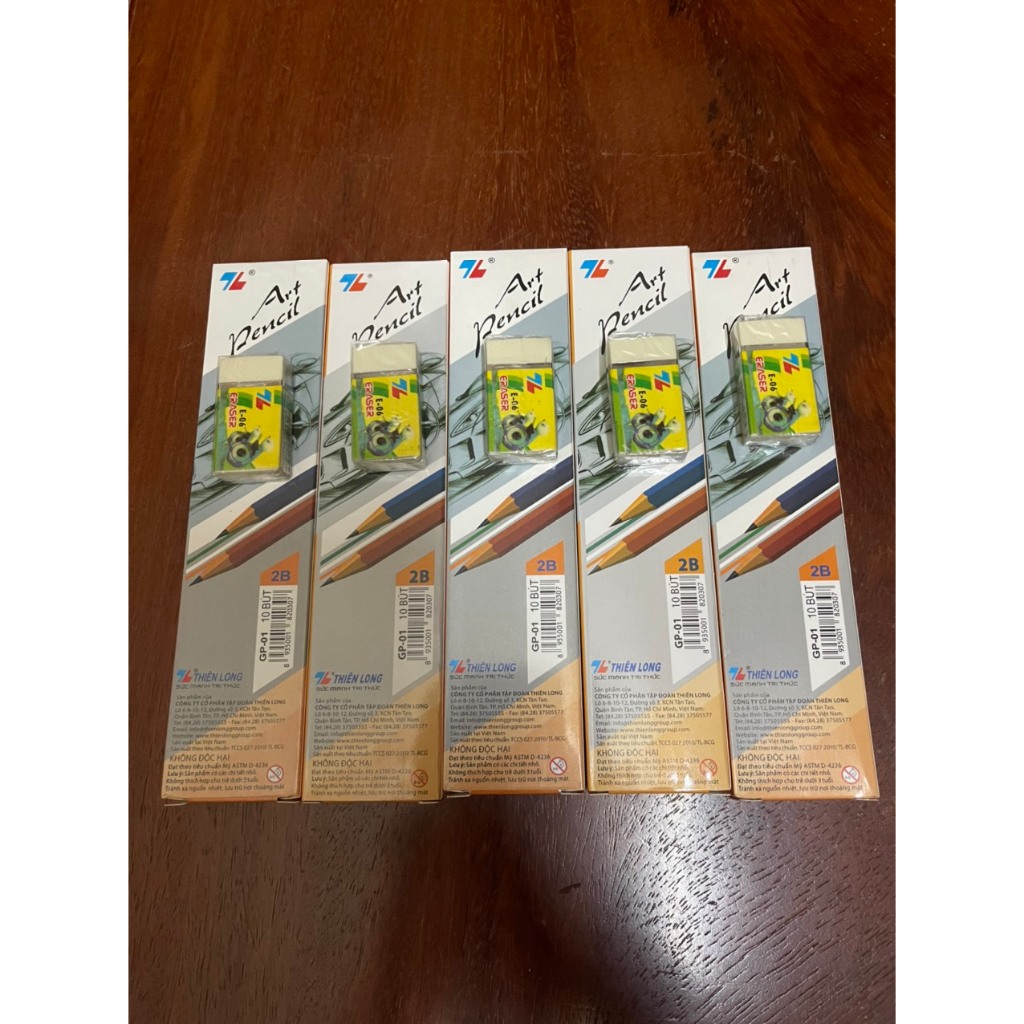 Combo Chì 5 hộp Thiên Long 2B và HB   + 5 tẩy trắng E-06 Thiên Long