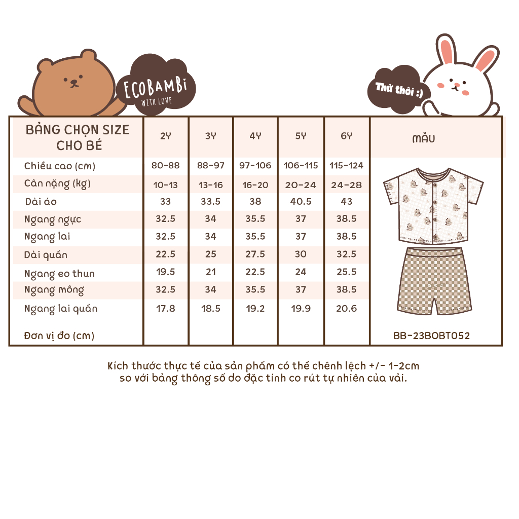 Bộ cotton Muslin Unisex tay ngắn, QUẦN SHORTS phong cách Hàn Quốc cho bé ECOBAMBI