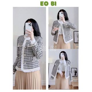 Qua tang day chun buoc toc cho áo dạ khoác tweed ziczac viền bèo đính ngọc sang chảnh, áo khoác dạ cúc bọc túi ngực