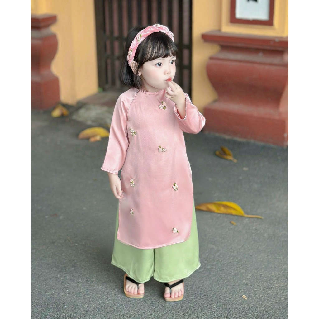 Set Áo Dài Lụa Hồng Phấn Kèm Khăn Cực Yêu Cho Bé Gái 1-8T - Đậu Kids&Mom