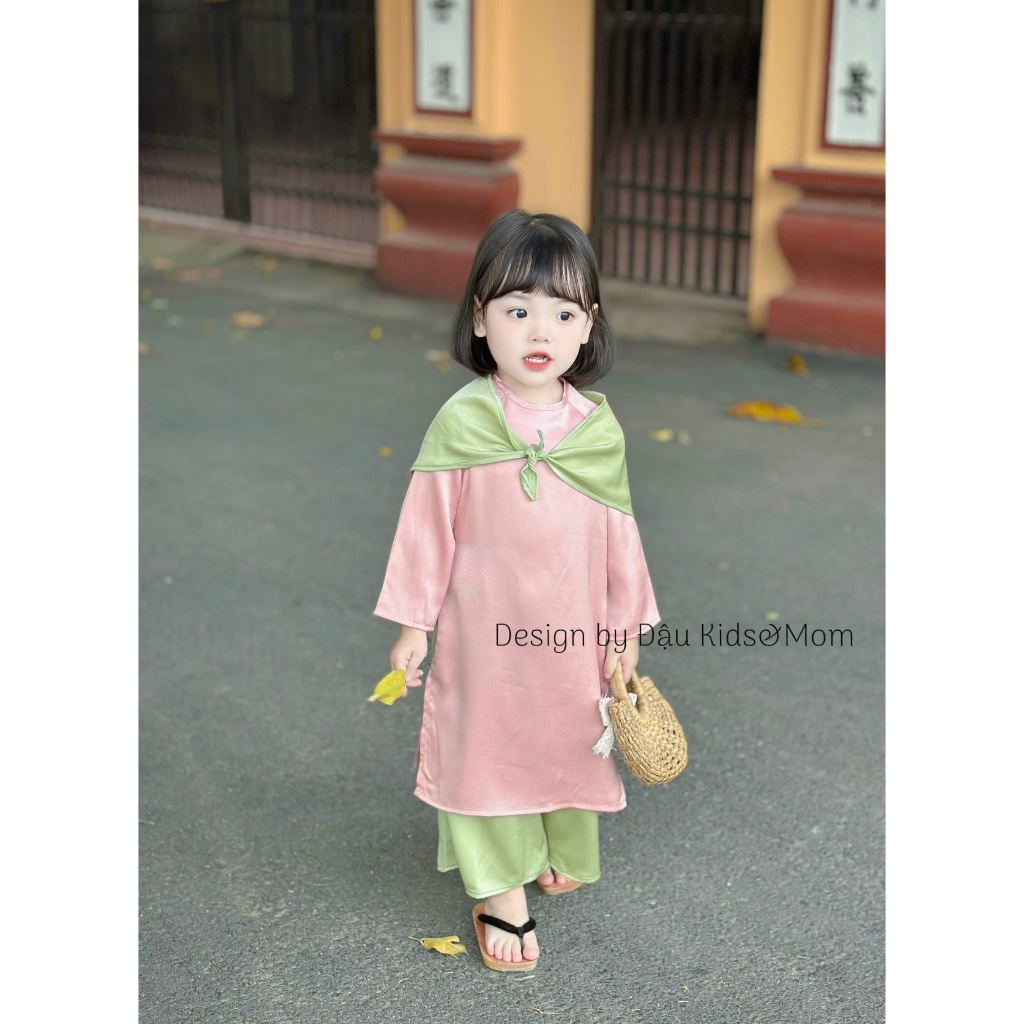 Set Áo Dài Lụa Hồng Phấn Kèm Khăn Cực Yêu Cho Bé Gái 1-8T - Đậu Kids&Mom