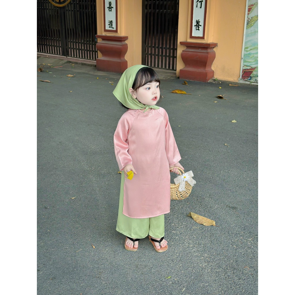 Set Áo Dài Lụa Hồng Phấn Kèm Khăn Cực Yêu Cho Bé Gái 1-8T - Đậu Kids&Mom