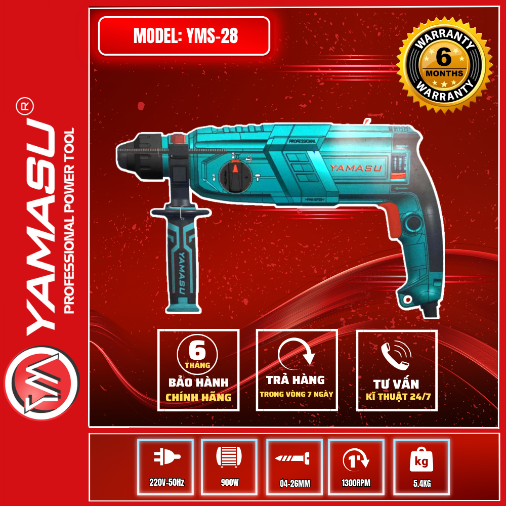 Máy khoan bê tông công suất lớn 900W YAMASU YMS-28 tặng kèm 3 mũi khoan 2 mũi đục, bảo hành 6 tháng trên toàn quốc