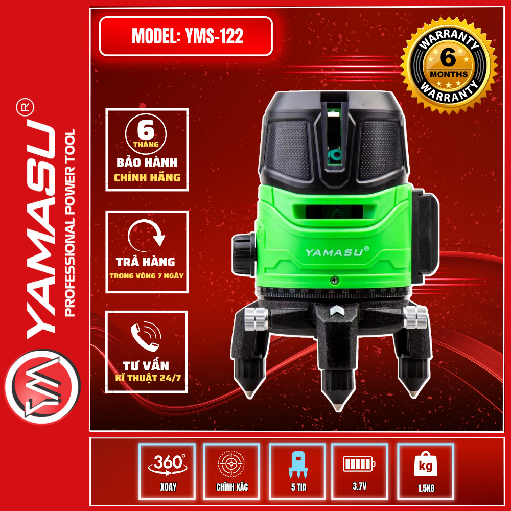 Máy cân bằng laser 5 tia xanh siêu sáng YAMASU YMS-122 2 Pin, 1 sạc tặng kèm chân laser 1,2m