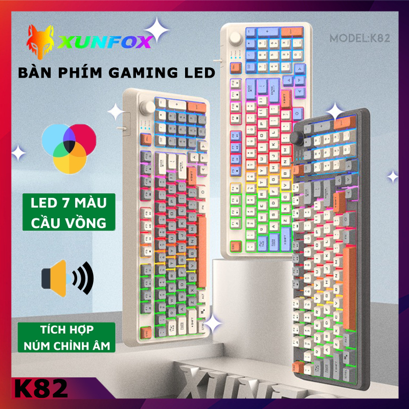 Bàn Phím Giả Cơ K82 XUNFOX LED Có đèn LED 7 Màu Tích Hợp Núm Chỉnh Âm thiết kế Bàn Phím chơi game