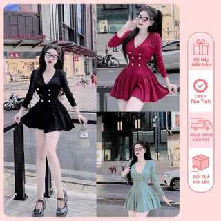 Đầm Body Cổ Tym Đính Nút Dài Tay có kèm quần bảo hộ - chất thun gân chiết eo chân váy xoè, Freesize 40-55kg