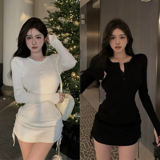 Đầm body tay dài nhún thân rút dây