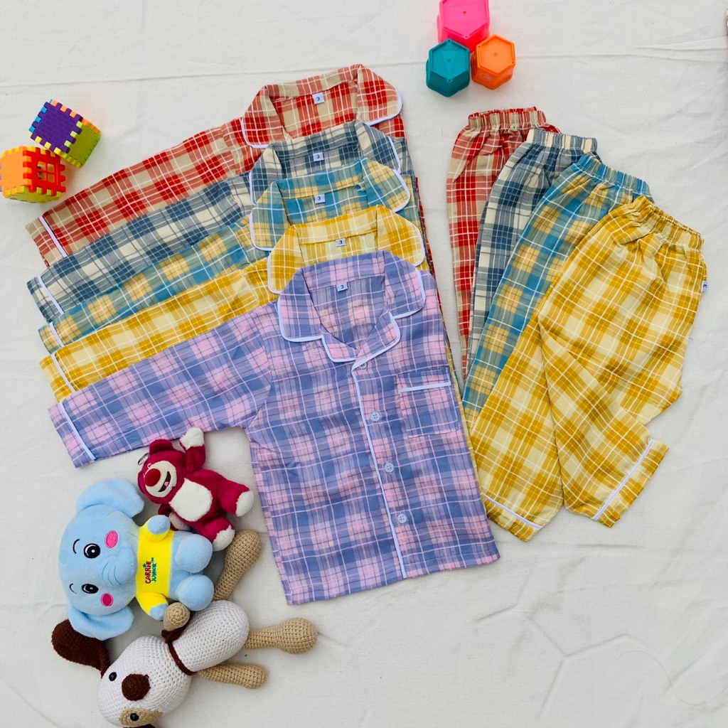(10-22kg) Bộ đồ ngủ pijama caro dài tay cho bé trai, bé gái