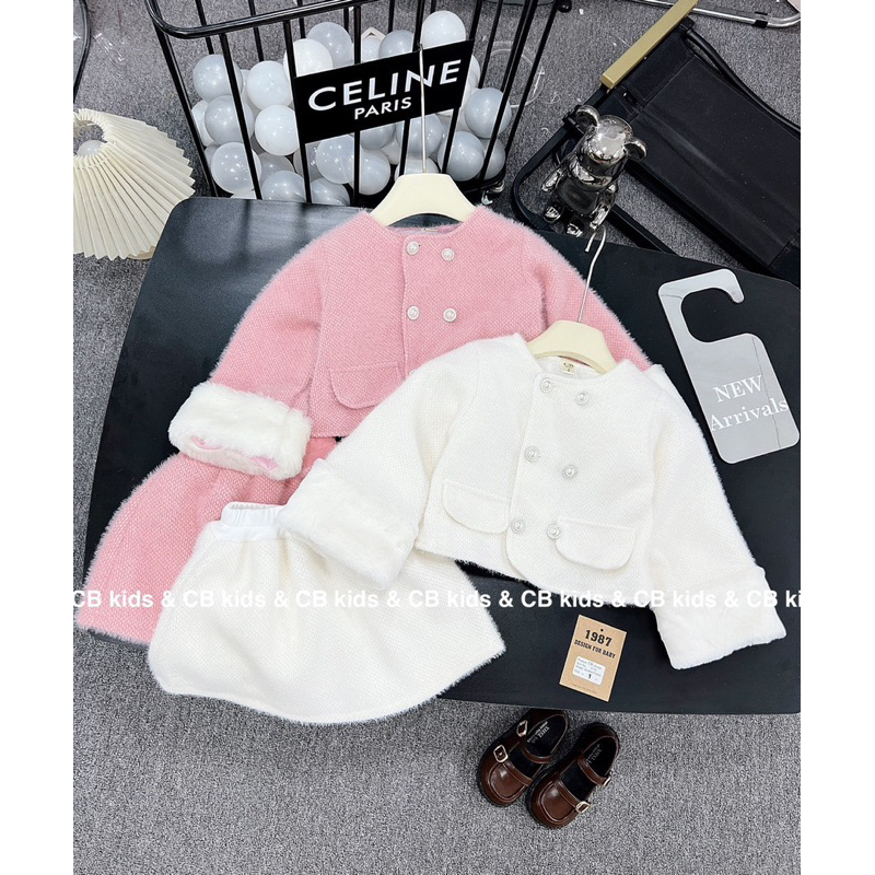 Sét bộ áo vét phối chân váy dạ lông thỏ cho bé gái