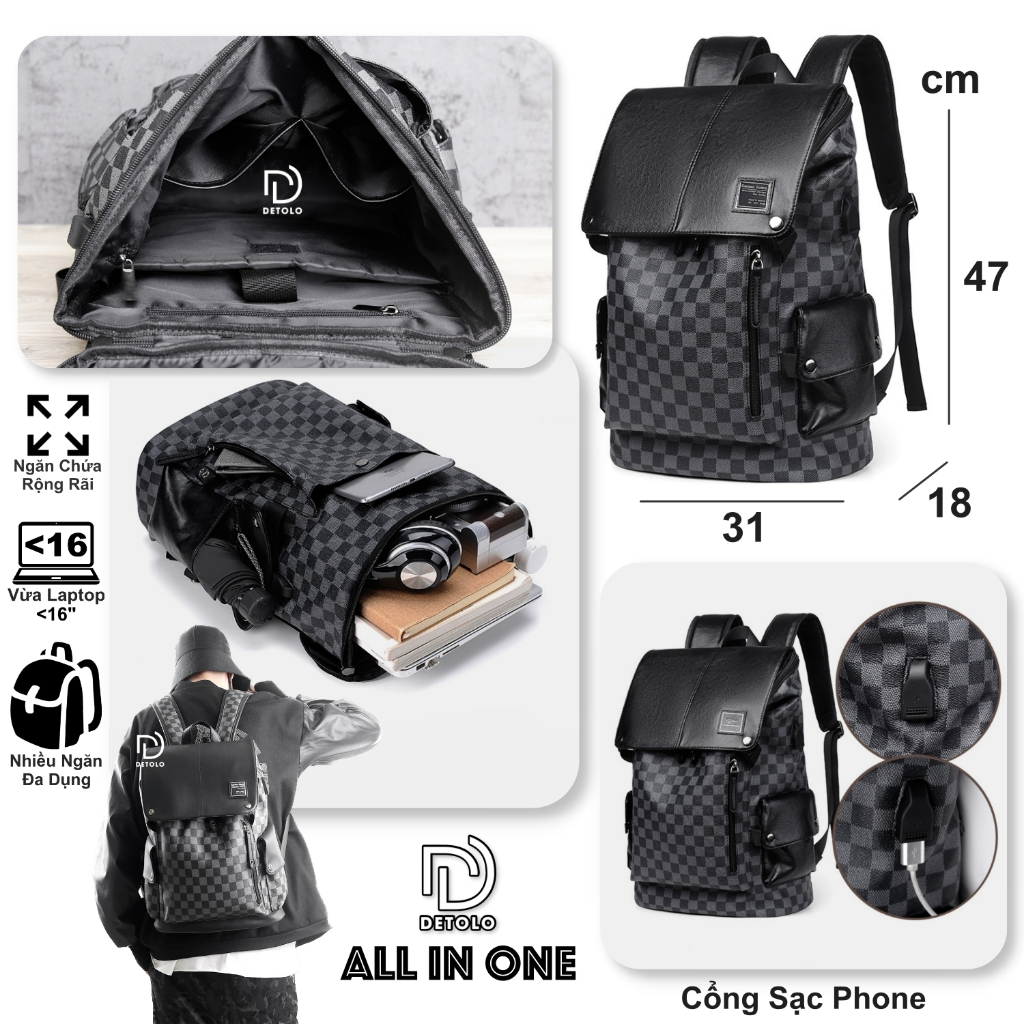 Balo Da LV Vừa Laptop 16in Và 15.6 inch DETOLO thời trang đi học, đi chơi có nhiều ngăn phụ