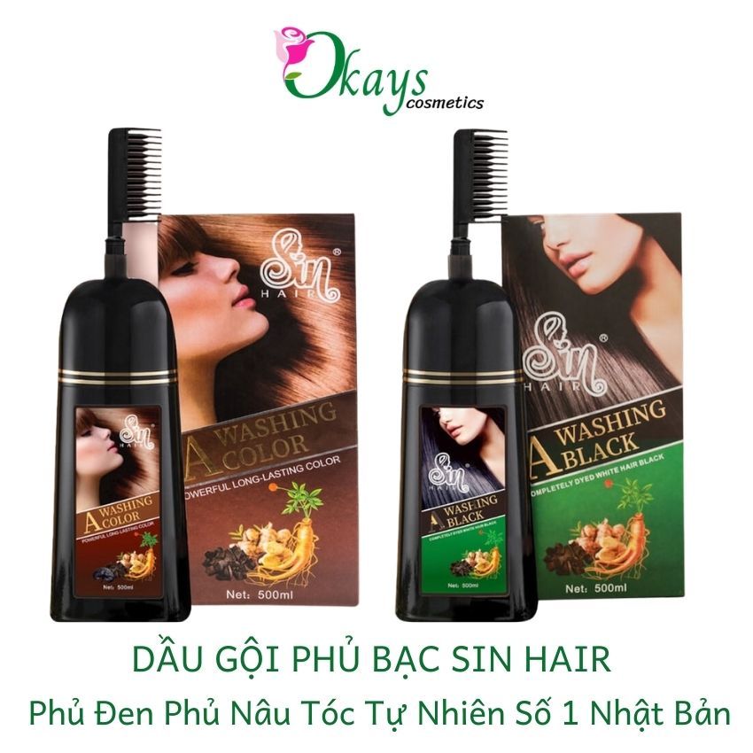 Dầu gội phủ bạc sin hair chính hãng Nhật Bản OK248 giúp phủ đen tóc, nâu tóc từ lần gội đầu tiên 500ml- Okays