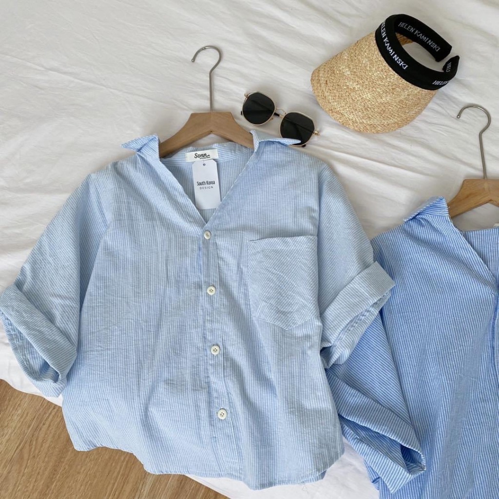 Áo sơ mi kẻ sọc , áo sơ mi tay ngắn VGU chất liệu cotton TN137