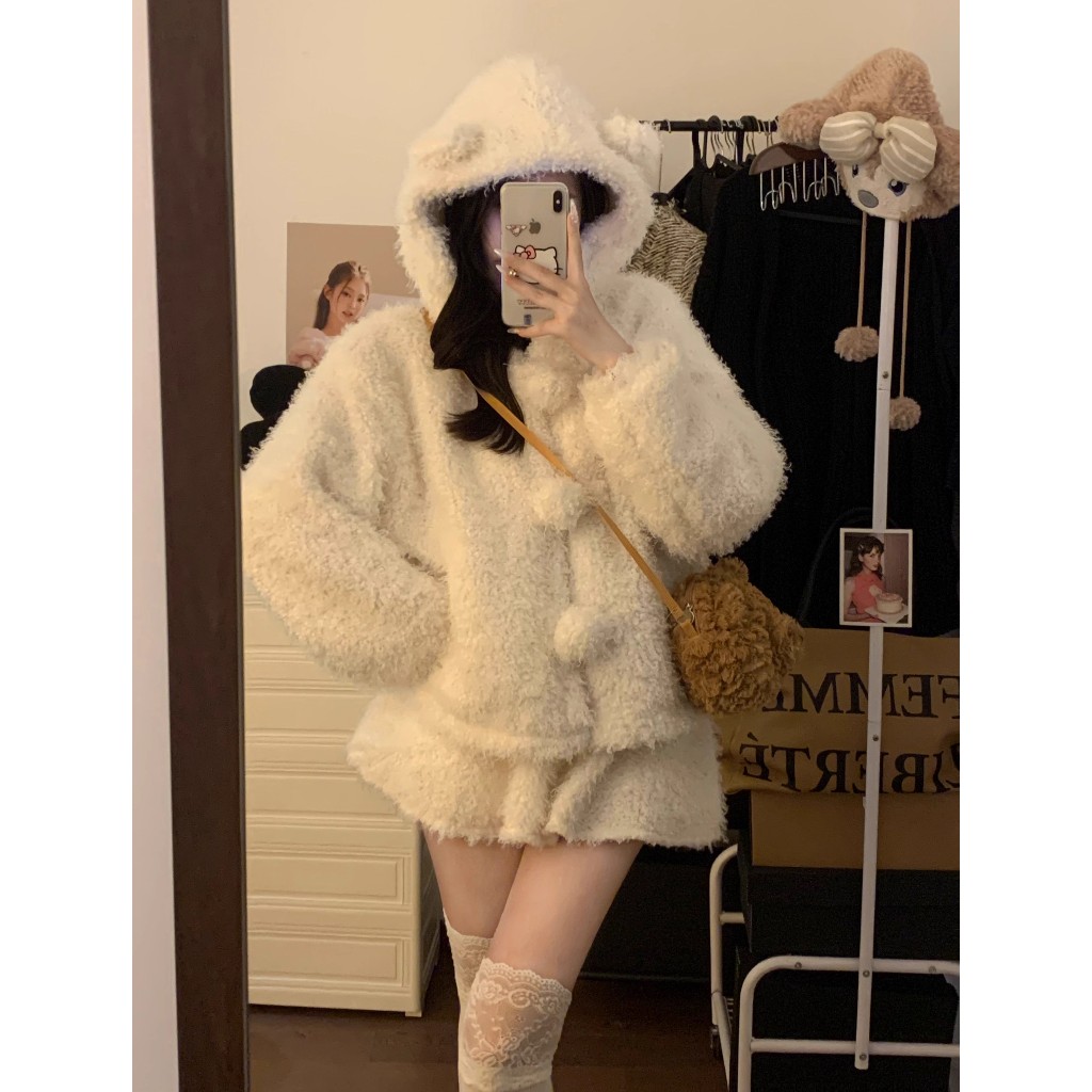 Set/Bộ Len Áo Khoác Bông Mùa Đông Tai Thỏ Cute Kèm Chân Váy Chữ A - Sốp Nhỏ Order Taobao