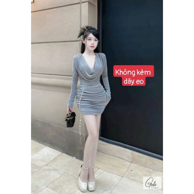 Đầm Thun Lụa Dẻo Tay Dài Cổ Đổ - Ngắn Nhún Thân Ôm Body Sexy - Tiểu Thư Bánh Bèo Cute Sang Chảnh Dạo Phố Đi Chơi Tiệc