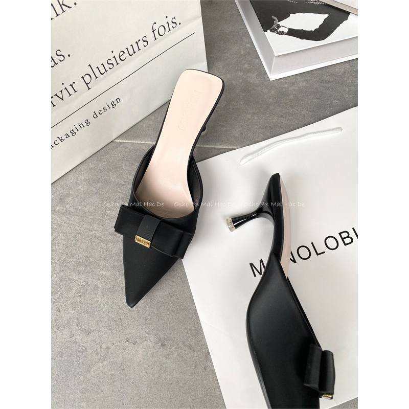 Sục cao gót mũi nhọn nơ khóa OSHO, chất da lì cao cấp, êm chân