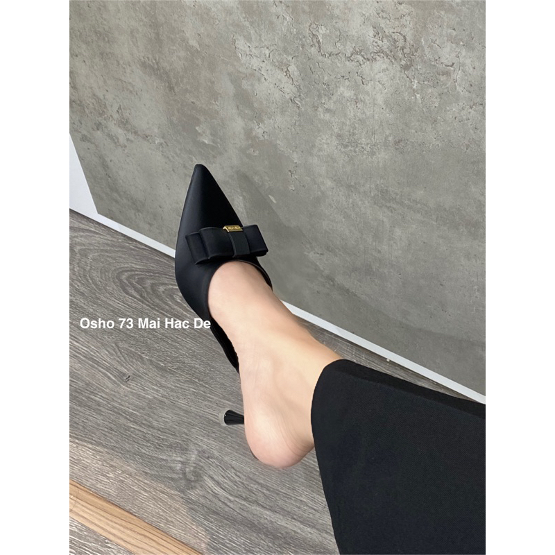 Sục cao gót mũi nhọn nơ khóa OSHO, chất da lì cao cấp, êm chân