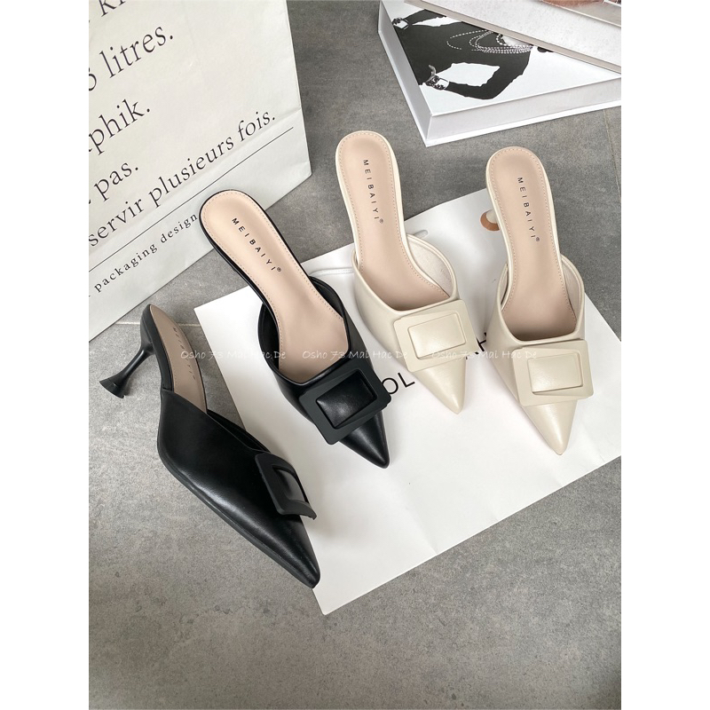 Sục cao gót mũi nhọn nơ khóa OSHO, chất da lì cao cấp, êm chân