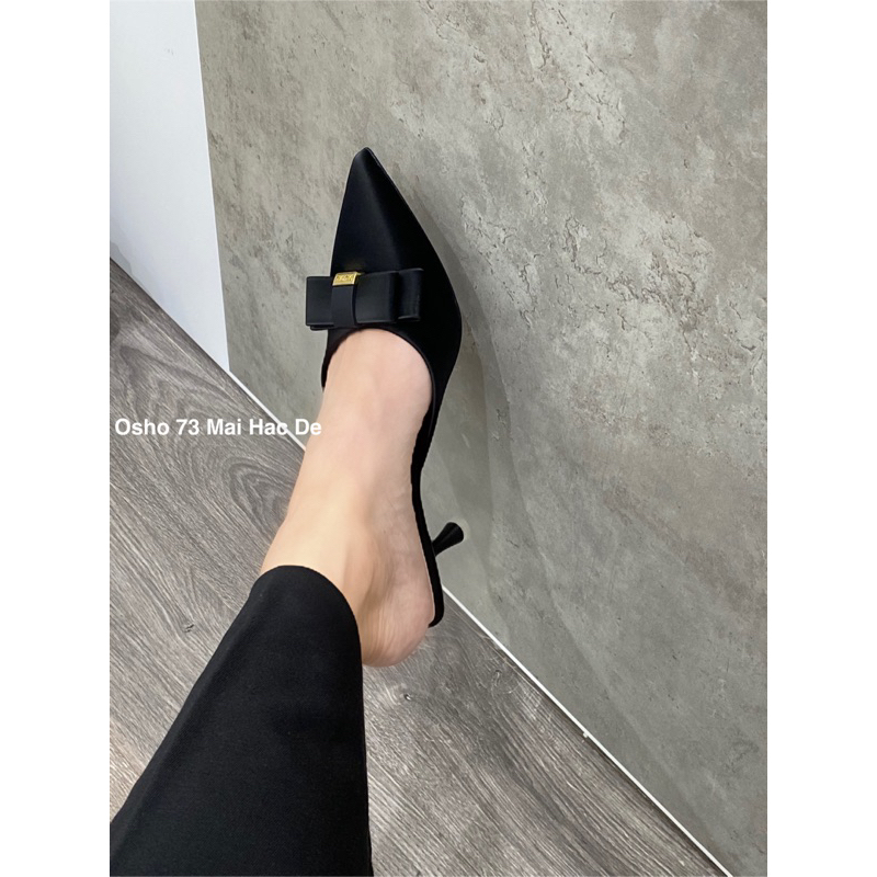 Sục cao gót mũi nhọn nơ khóa OSHO, chất da lì cao cấp, êm chân