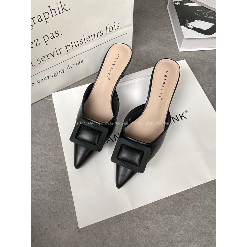 Sục cao gót mũi nhọn nơ khóa OSHO, chất da lì cao cấp, êm chân