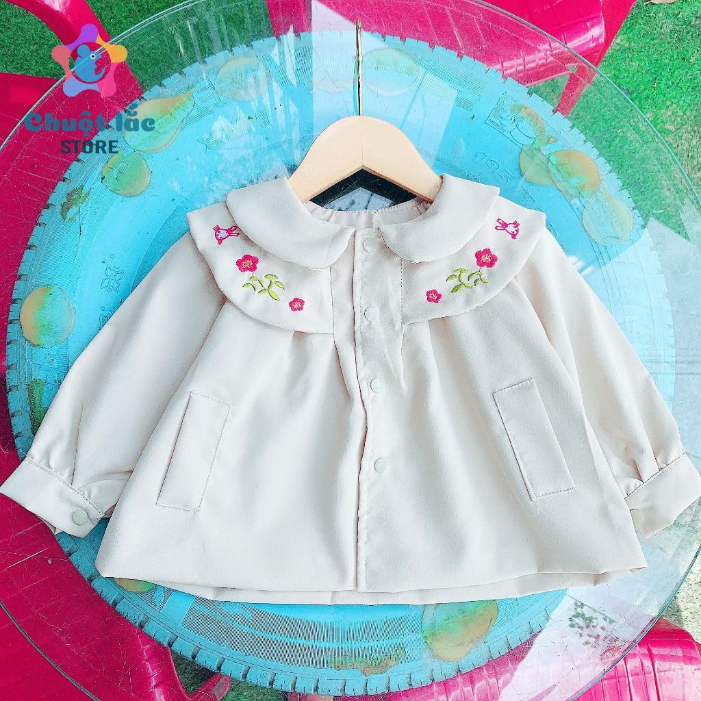 Áo khoác măng tô cho bé gái vải kaki lụa 2 lớp cổ thêu hoa từ 8kg đến 20kg