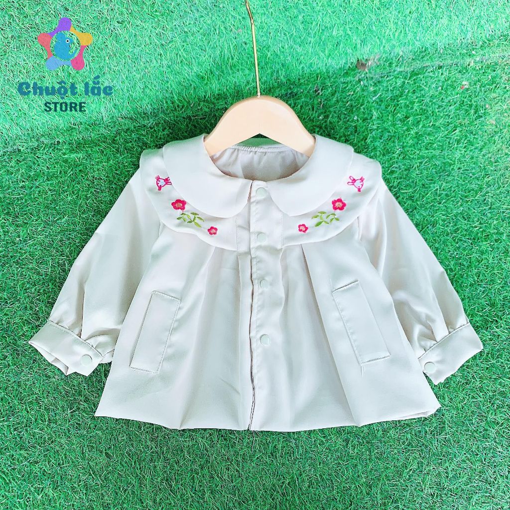 Áo khoác măng tô cho bé gái vải kaki lụa 2 lớp cổ thêu hoa từ 8kg đến 20kg