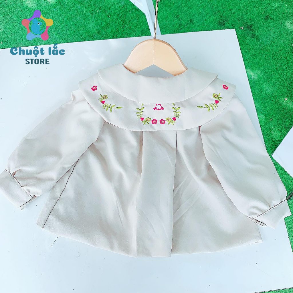 Áo khoác măng tô cho bé gái vải kaki lụa 2 lớp cổ thêu hoa từ 8kg đến 20kg